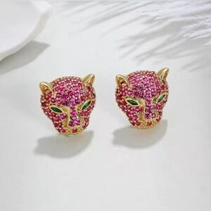 18K Gold Plated Panther Pink Zircon & Emerald Inlay Stud Earrings